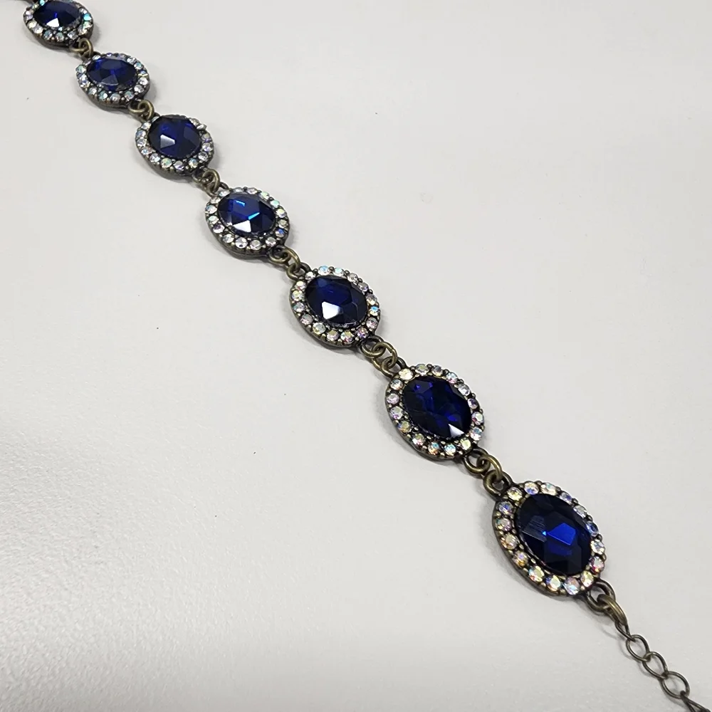 Sapphire Blue Oval & Aurora Borealis Rhinestone Crystal Bracelet Antique-Gold